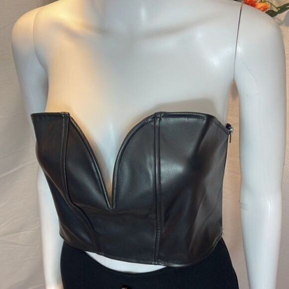 Micas Fierce Black Vegan Leather Strapless Bustier Crop Top‎ Size Small - Picture 6 of 6